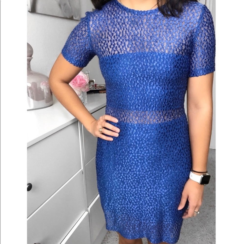 ALEXIS Dress Size Small Cobalt Blue Textured Stretch Lace Illusion Eyelet Pencil